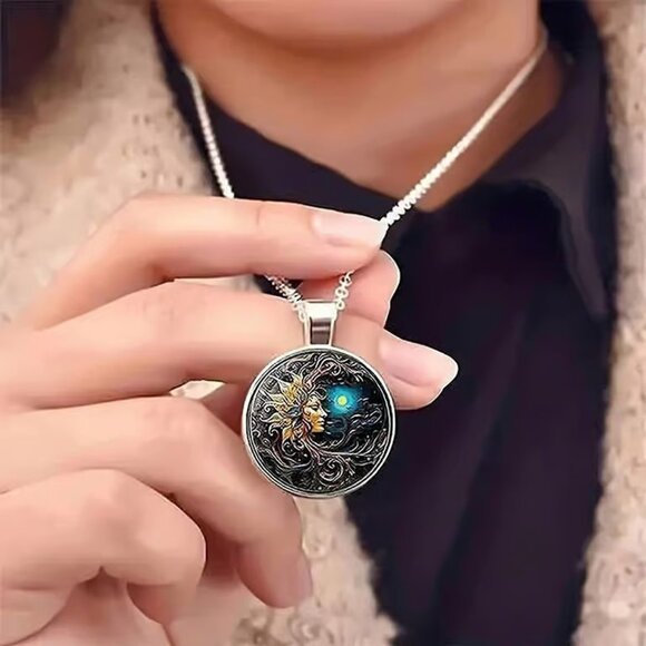 Silver CELESTIAL Sun Moon Pendant Necklace - Picture 2 of 3